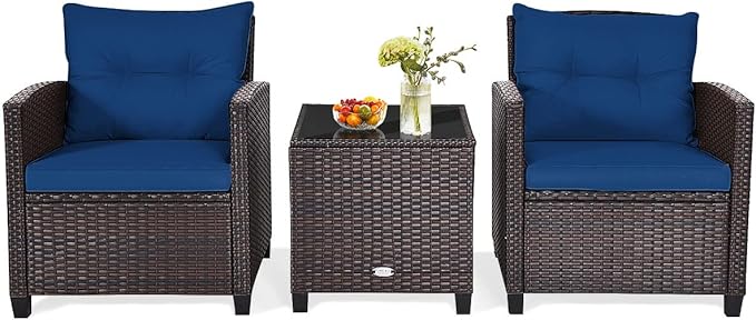 HAPPYGRILL 3 Pieces Patio Conversation Set, Outdoor Furniture Set PE Rattan