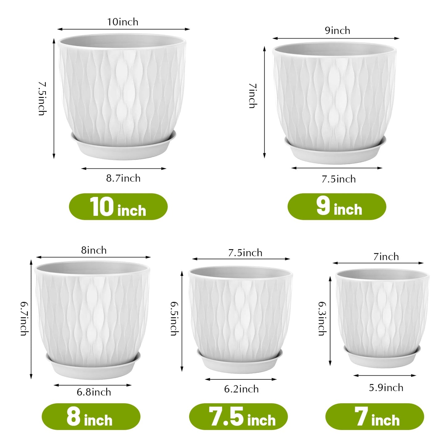 LESOASIS Plastic Plant Pots 10/9/8/7.5/7 inch Set of 5, Flower Planters with Drainage Holes and Saucers, Plastic Pots for Indoor Outdoor Plants, Livingroom Garden Decor (White)