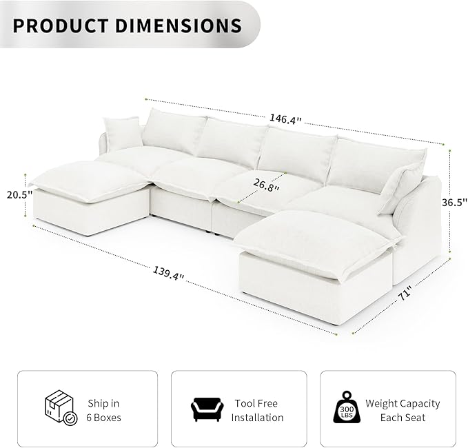6 Seat U Shape Modular Sectional Couch Sofa