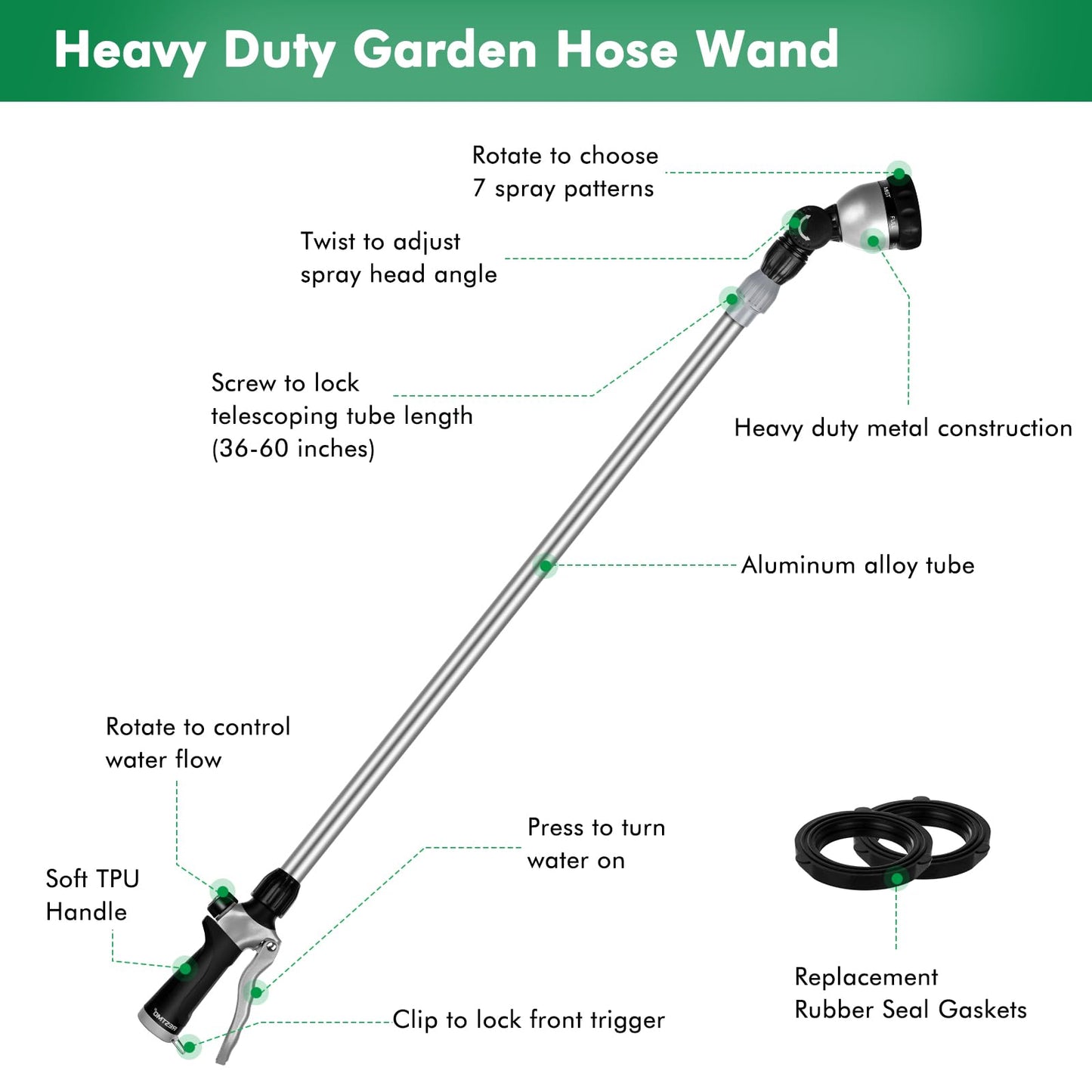 RESTMO 36”-60” Metal Watering Wand, Long Telescopic Tube | 180° Adjustable Ratcheting Head | 7 Spray Patterns | Flow Control, Perfect Garden Hose Sprayer to Water Hanging Baskets, Shrubs, Black