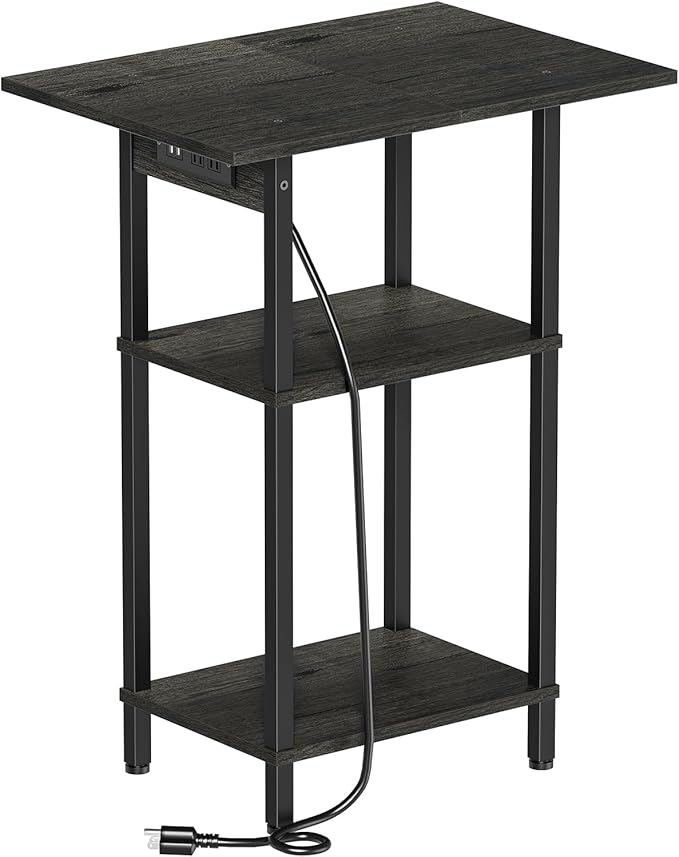 Asgolion Tall End Table with Charging Station, Skinny Nightstand with USB Ports
