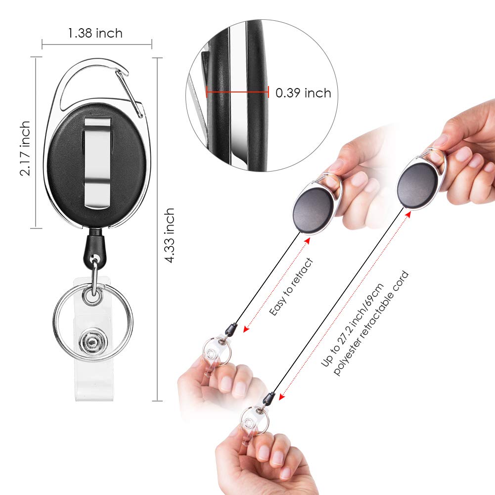 Retractable Badge Holder with Carabiner Reel Clip and Key Ring for ID Card Key Keychain Holders Black 10 Pieces by Moever