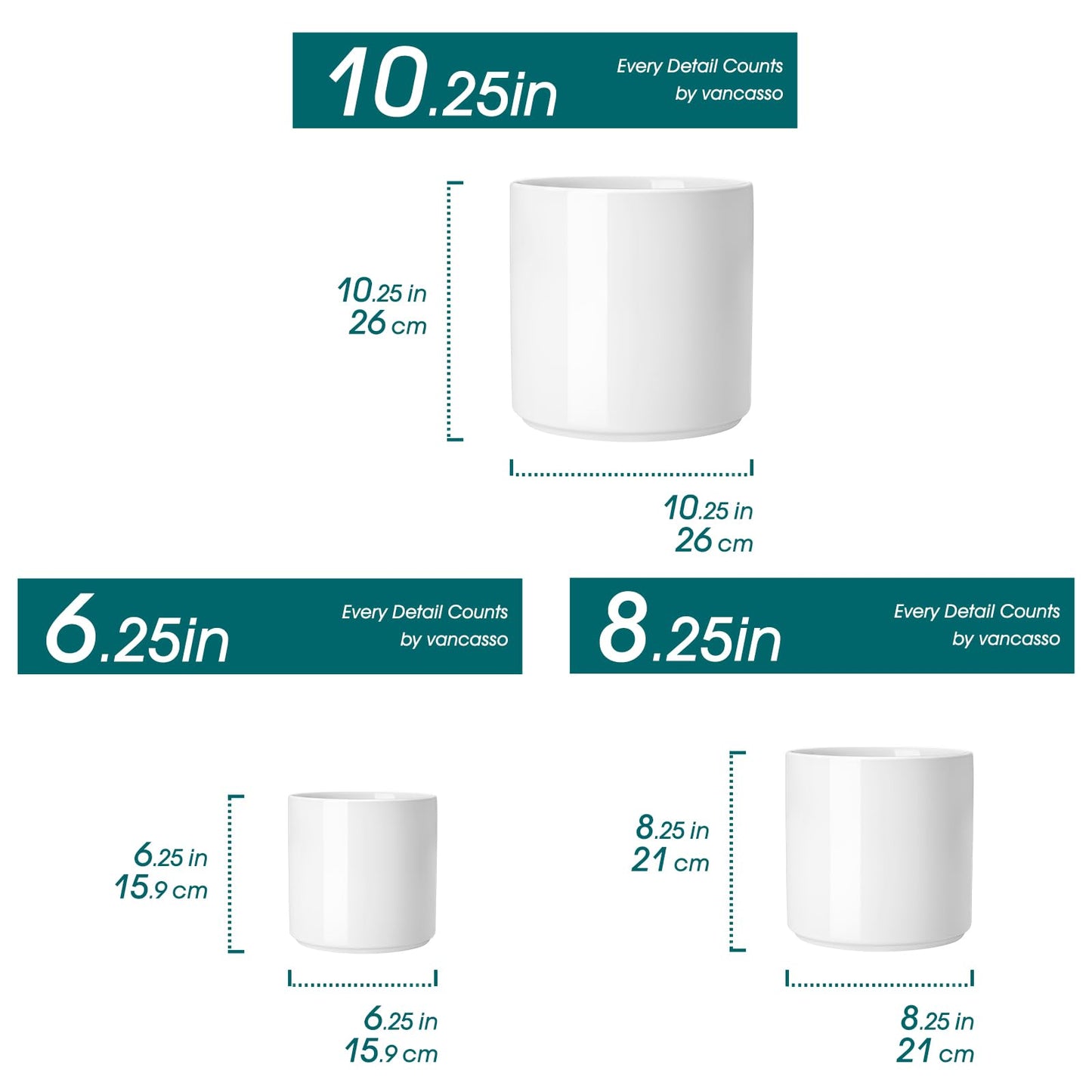 vancasso 6"+8"+10" Ceramic Pot for Plants, Large Outdoor Indoor Planter Pots with Drainage Holes, Set of 3, White