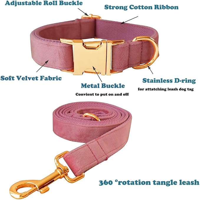 Love Dream Velvet Dog Collar and Leash Set, Soft & Comfy Adjustable Dog Leash and Collar with Heavy Duty Metal Buckle for Small Medium Large Dogs Training & Walking (Small, Pink)