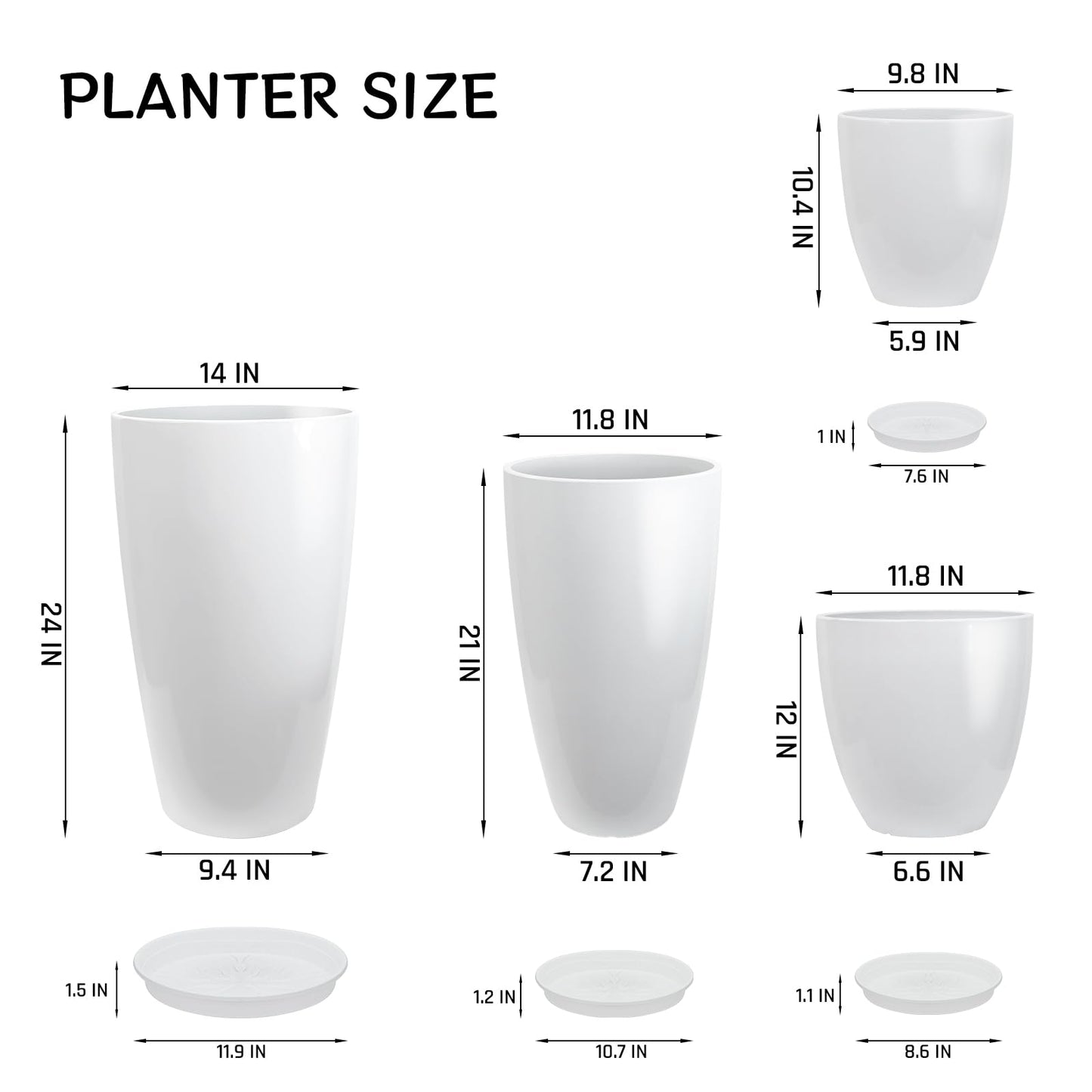 ZMTECH 24/21/12/10" H Large Plastic Planters with Drainage Hole and Saucer -Set of 4 Tall Plant Pots for Indoor & Outdoor Use,White Glossy Smooth Lightweight Flower Pot for Front Porch Patio Deck