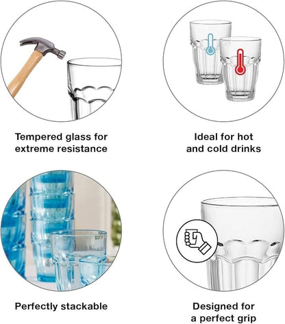 Bormioli Rocco Rock Bar Stackable Beverage, Set Of 6 Dishwasher Safe Drinking Glasses For Soda, Juice, Milk, Coke, Beer, Spirits – 12.5oz Durable Tempered Glass Water Tumblers For Daily Use