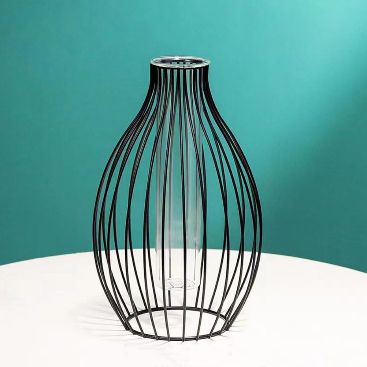 Garneck Geometric Iron Frame Vase with Small Glass Propagation Tubes, Hydroponic Planter for Home Décor, Nordic Style Desk Terrarium Plant Holder with Black Metal Stand