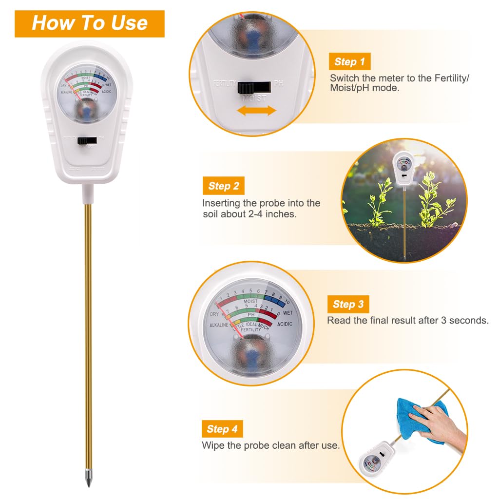 Aenncci Soil Test Kit 3-in-1, Soil Moisture Meter, Soil PH Meter, Fertility Soil Tester, Soil Tester for Garden, Lawn, Farm, Outdoor & Indoor Use (Snow Glow White)