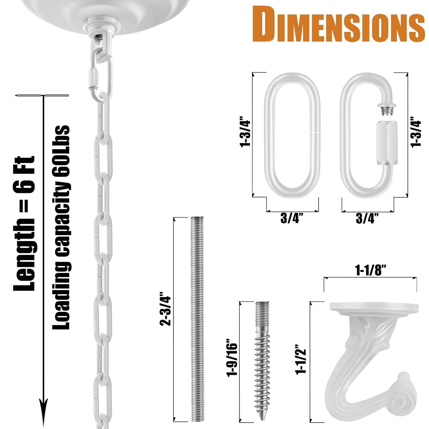Omytie 6 Ft Heavy Duty Hanging Chain Kit with Connection Locks & Swag Ceiling Hooks for Lighting Fixture, Chandelier, Pendant, Lantern, Swag Lamp, Plant/Flower/Fruit Basket, Bird Feeder (White)