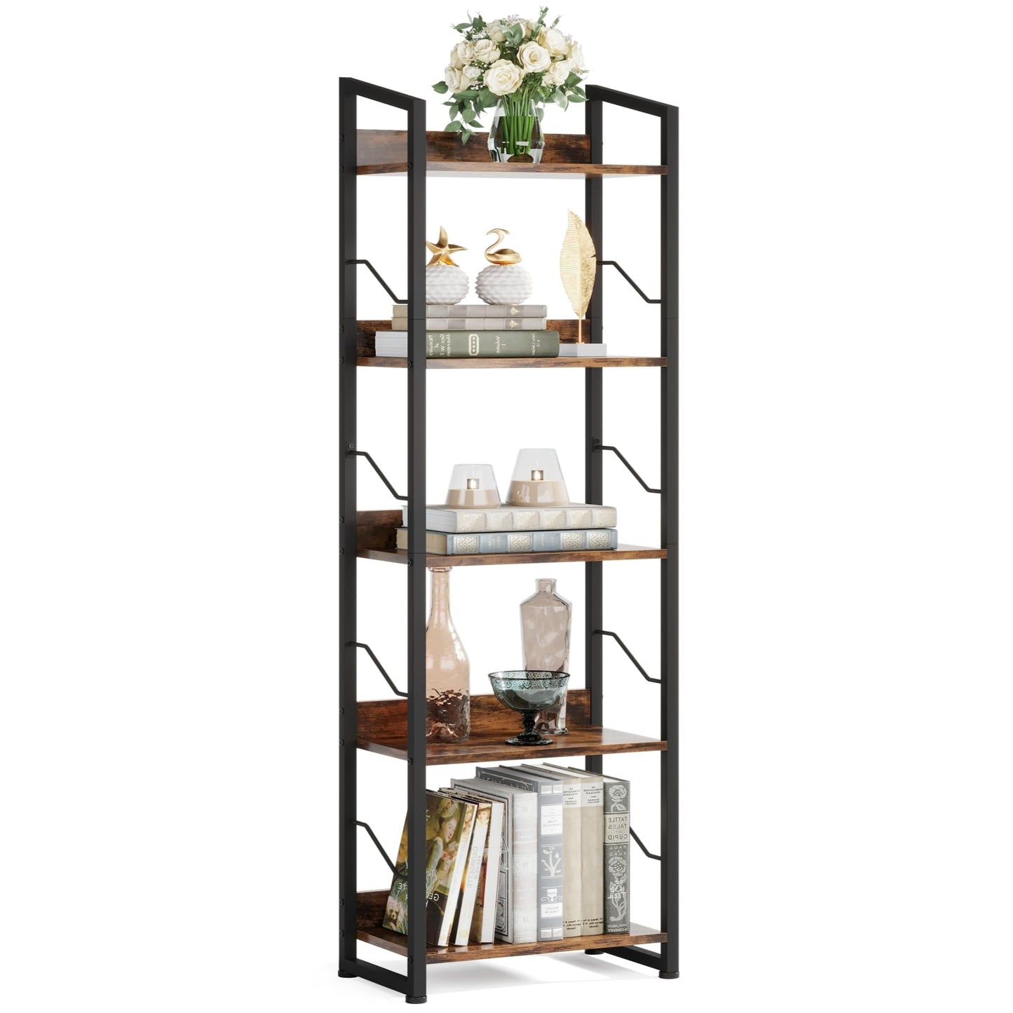 Hosfais 5 Tier Tall Bookshelf: Industrial Wood Book Shelf with Edge Protection Metal Narrow Bookshelf Bookcase Storage Organizer Display Rack for Living Room Home Office (Rustic Brown)
