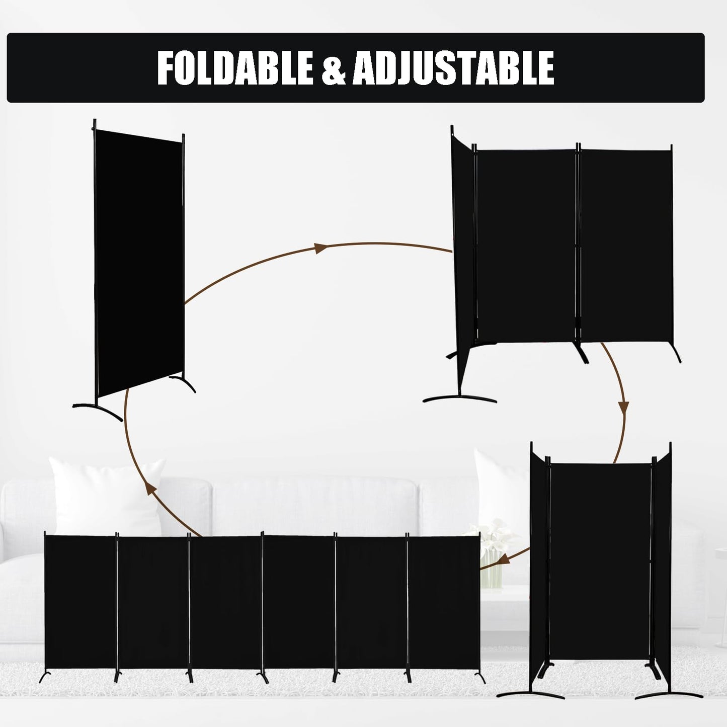 Room Divider-Folding Privacy Screens, 6 ft Partition Room Dividers Wall for Separation, Home, Office, Classroom, Studio (Black, 6 Panel)