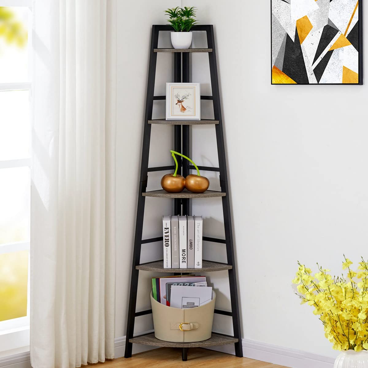BON AUGURE Rustic Tall Corner Bookshelf, 5 Tier Wood and Black Metal Corner Ladder Shelf, Industrial Corner Bookcase and Gray Corner Shelf for Living Room, Bathroom, Kitchen (Dark Gray Oak)