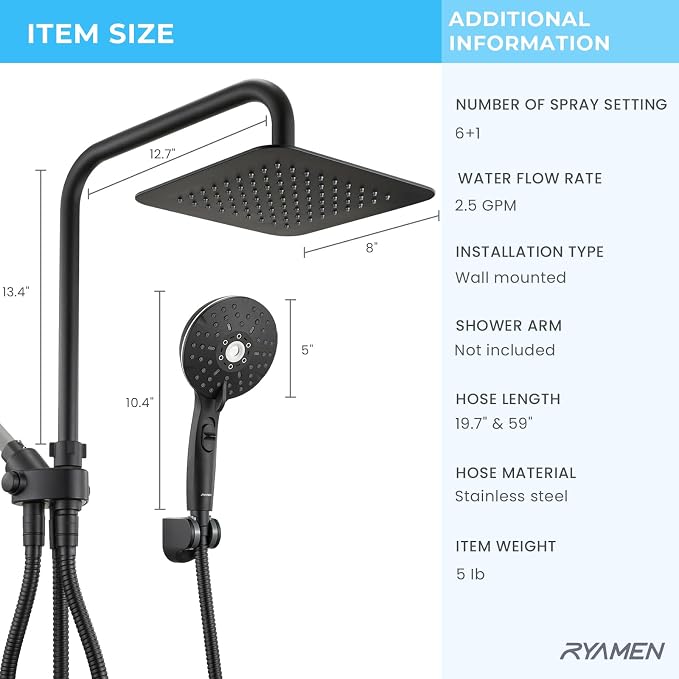 Ryamen Dual Shower Head Combo, 8'' High Pressure Rain Shower Head with Handheld Spray, 6+1 Spray Settings Handheld Showerhead, Height Adjustable, One-touch Pause Button, Matte Black