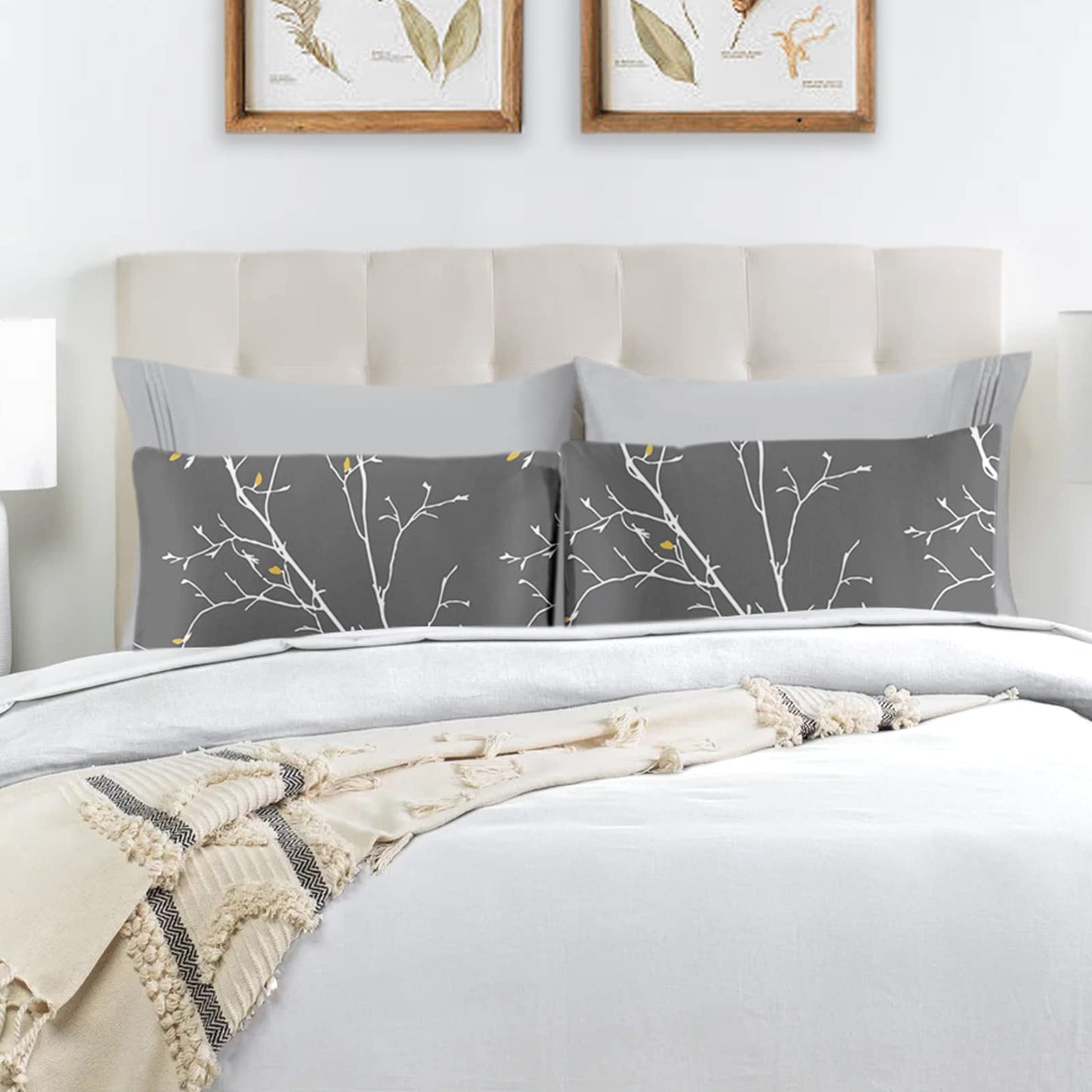 YIYEA Pillow Cases Queen Size Set of 4, Ultra Soft 1800TC Hotel Quality Double Brushed Microfiber Embroidered Pillowcases and Floral Pillow Covers, Envelope Closure, Fade Resistant (20"x30")