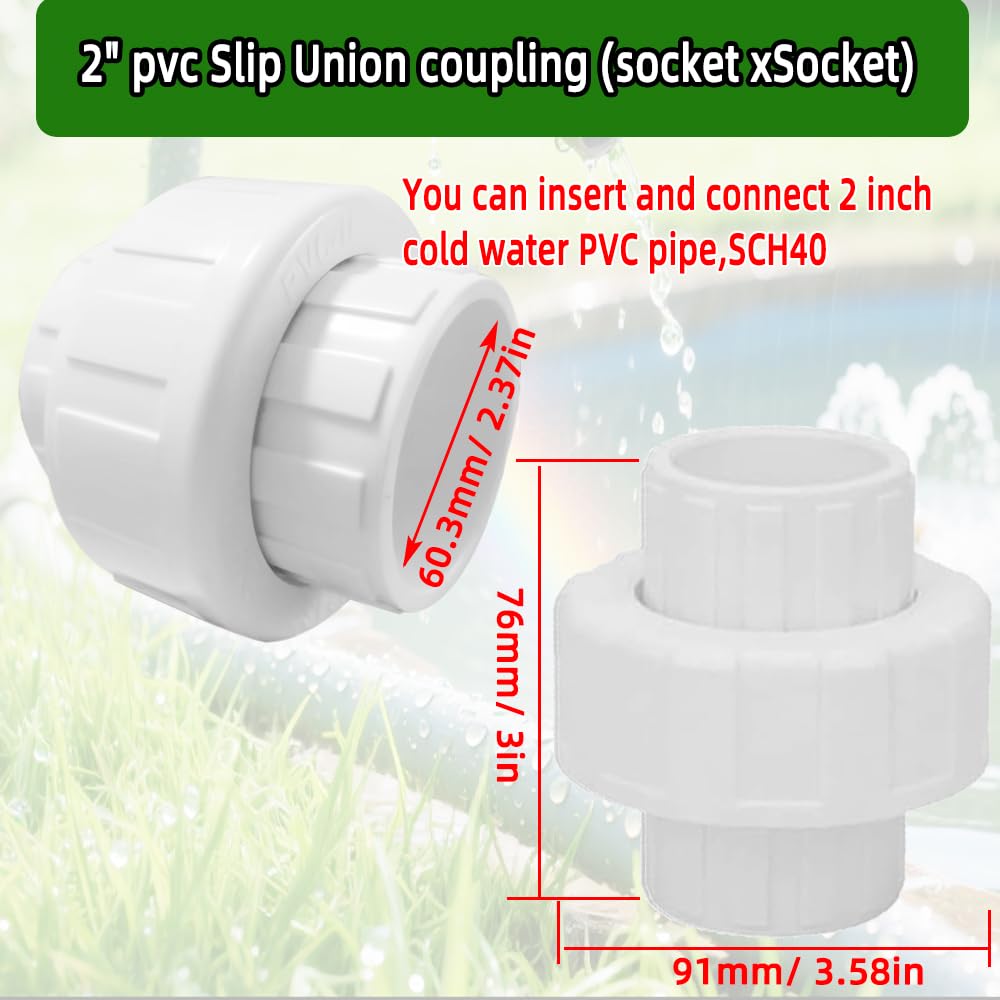2pcs 2" PVC Union Coupling Pipe Fitting,(Socket x Socket) Schedule 40,Plumbing Fitting with EPDM O-Ring, White,Quick-Connect Slip Union Adapter Couplings for Farm Irrigation, Garden Watering.