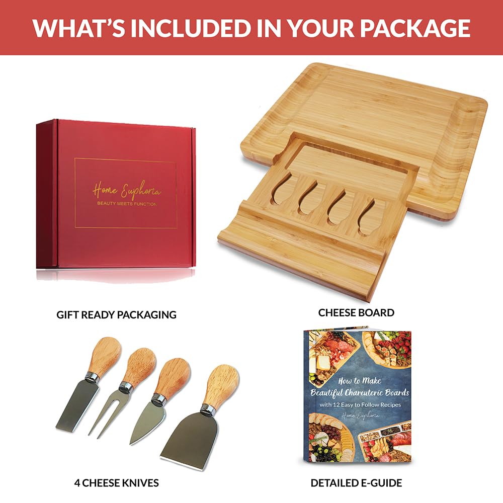Bamboo Cheese Board and Knife Set - Beautiful Charcuterie Board for Wine, Cheese, and Gifts