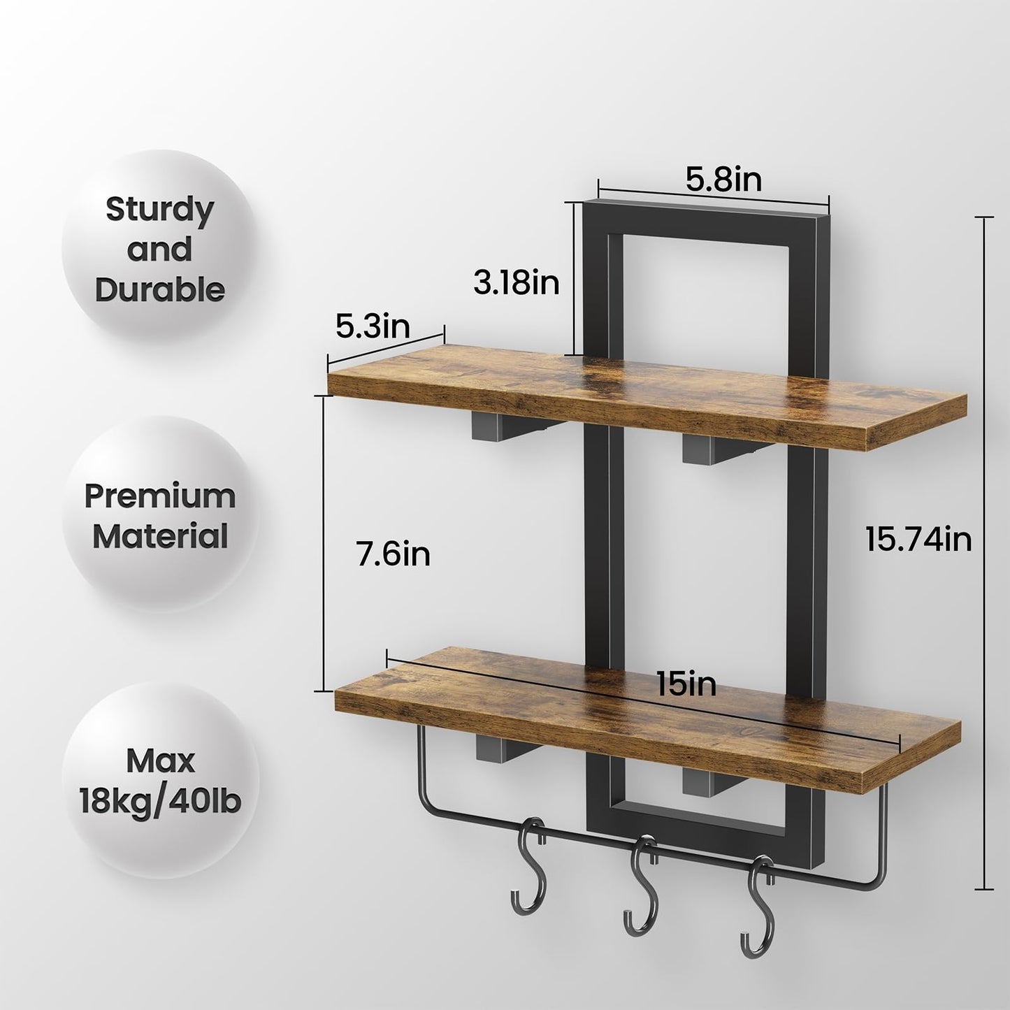 Creso hom Floating Shelves for Wall Set of 2, Wood Wall Shelf with 6 Hooks, 2 Tier Hanging Decorative Storage Shelves for Living Room Bedroom Bathroom Kitchen Office Coffee Bar, Rustic Brown
