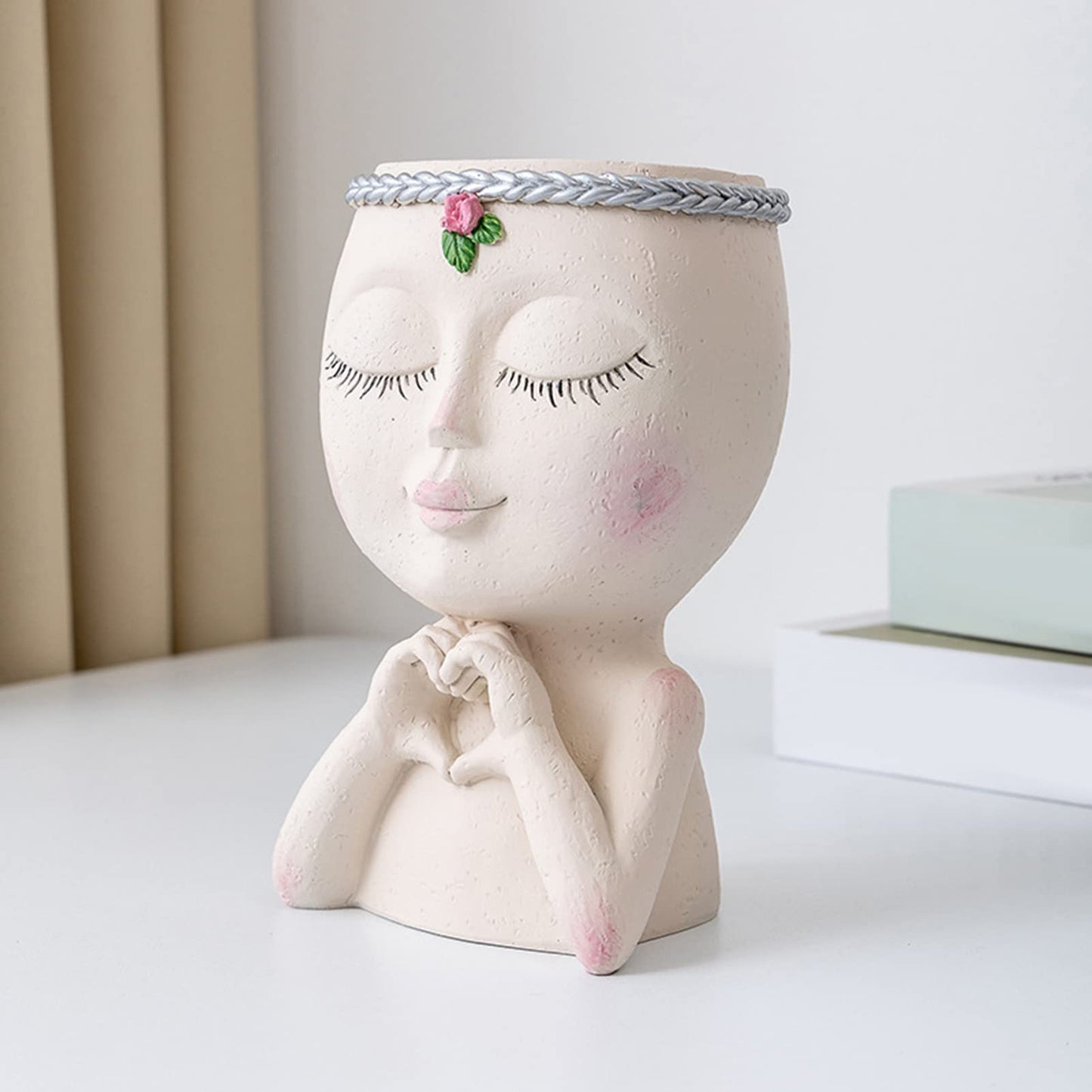 Altsuceser Face Flower Pot Head Planter, Little Girl Closed Eyes with Heart Gesture Flowerpot Planter Pots, Female Head Succulent Pots with Drainage Hole for Indoor Outdoor Plants White One Size