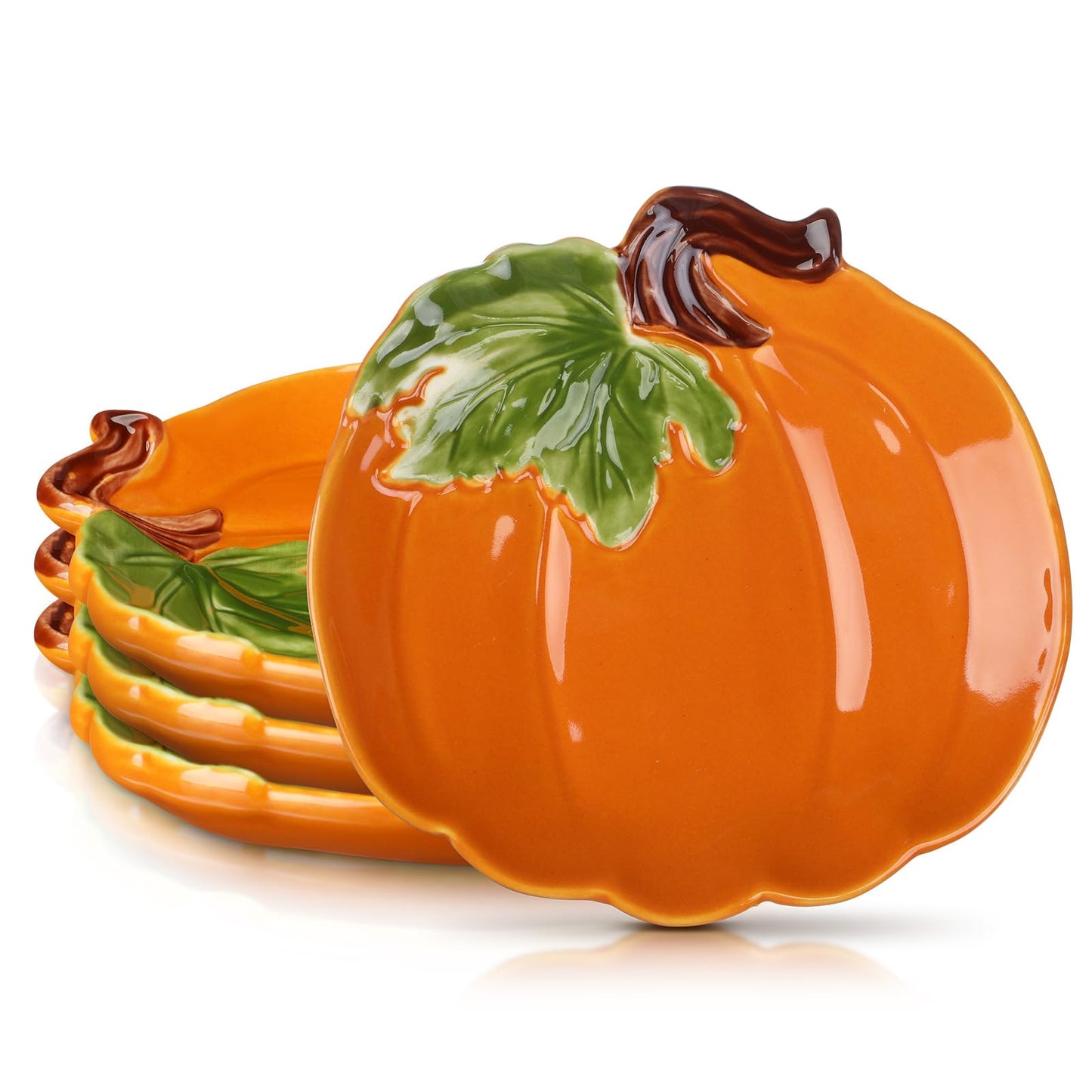 FillTouch 4 Pcs 5.91'' Ceramic Pumpkin Plates Thanksgiving Fall Platters Candy Dishes Harvest Serving Bowl for Thanksgiving Halloween Autumn Orange Party Supplies Dinnerware