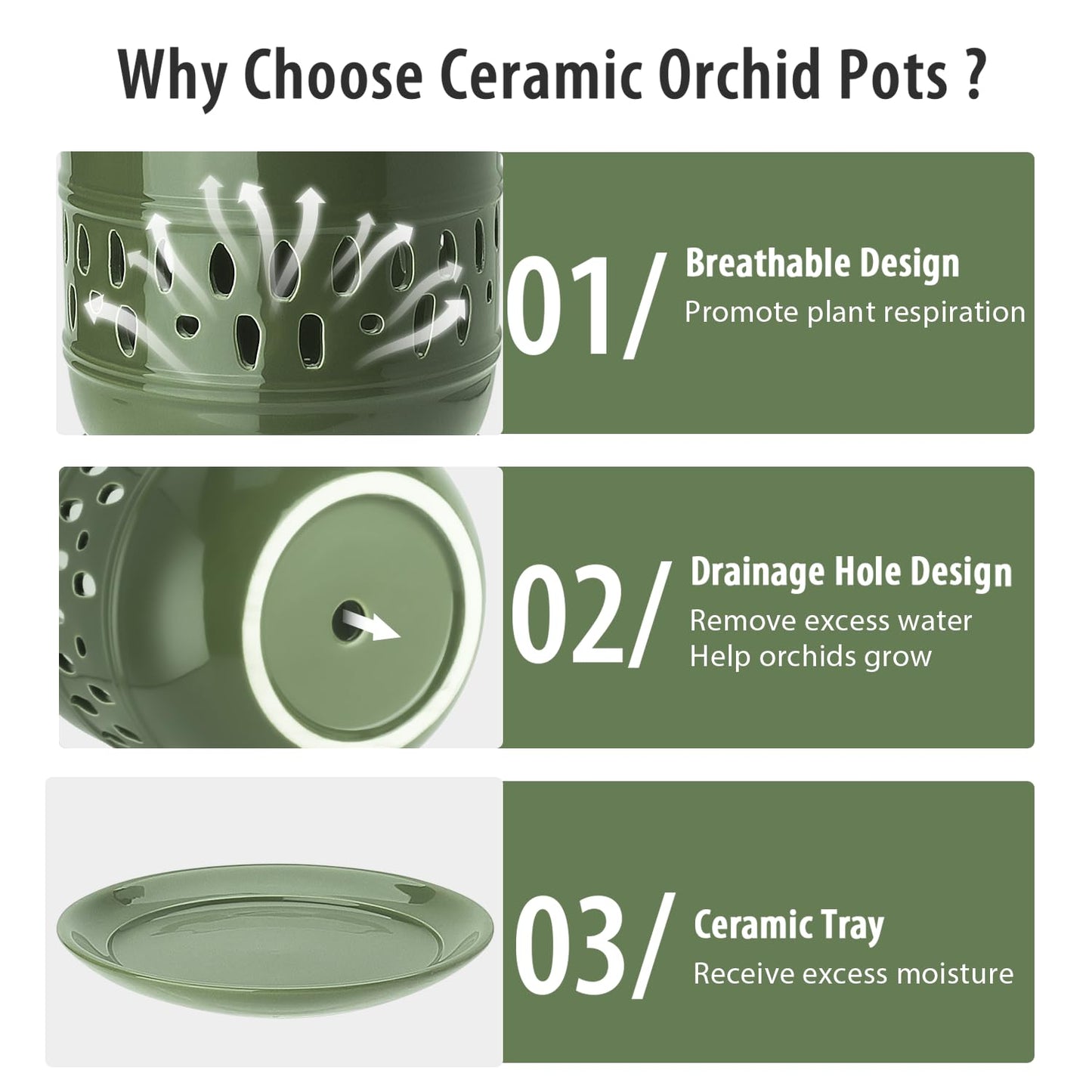 COLOAPT Orchid Pots, 5+6 Inch Orchid Pots with Holes, Ceramic Plant Pot with Drainage and Saucer, Enhance Good Ventilation, Indoor/Outdoor Flower Pot Set of 2 - Green