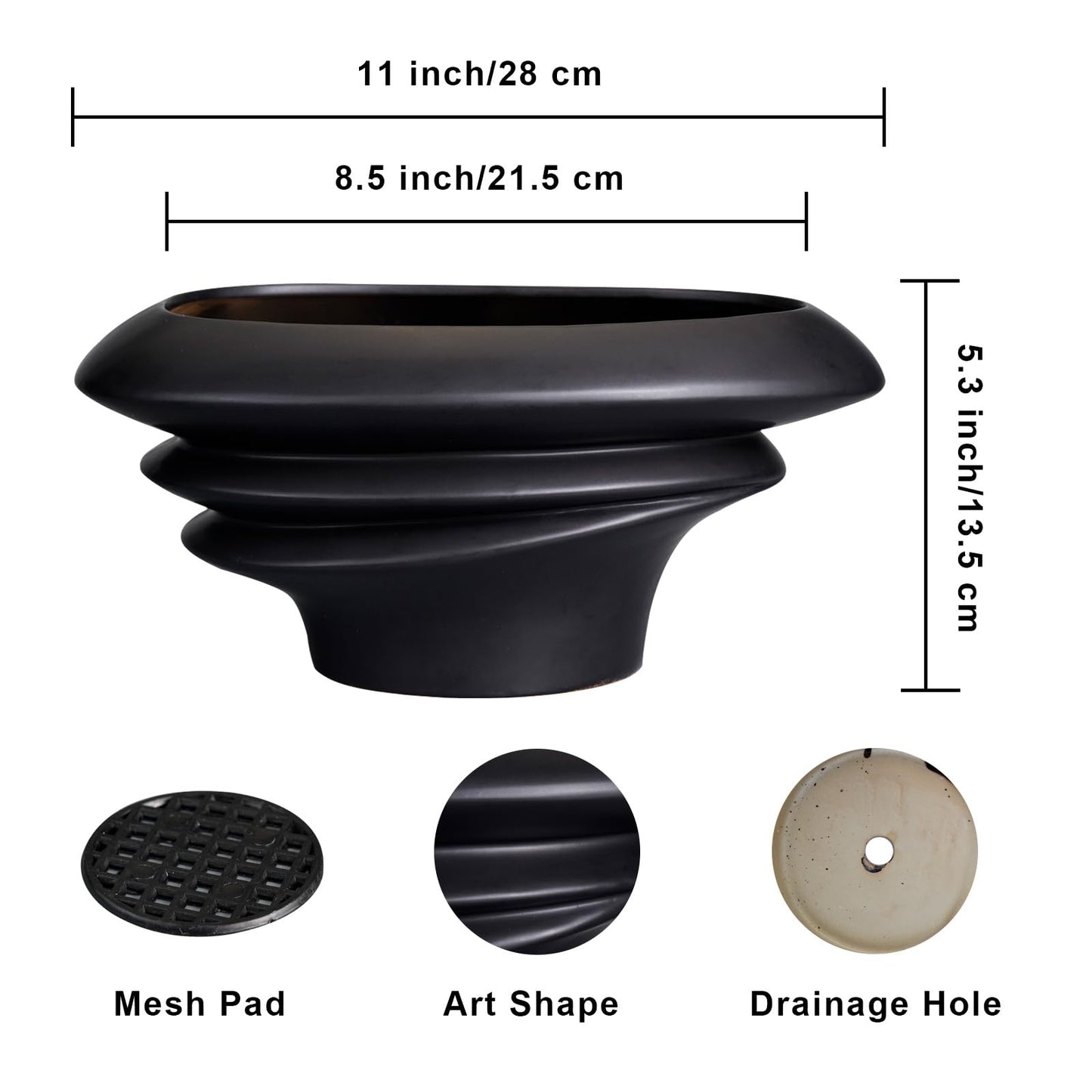 SQOWL Bonsai Pot 10 Inch - Ceramic Succulent Planter with Drainage Hole Large Plant Pot for Indoor Plants Outdoor Modern Home Decor Black