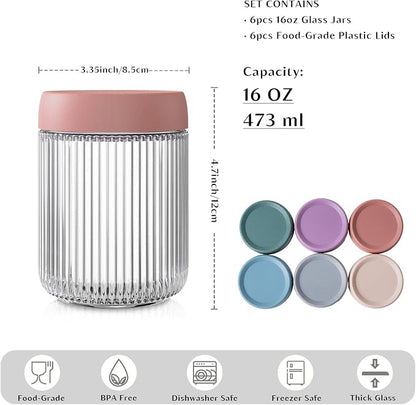 INSETLAN 16oz Glass Overnight Oats Containers with Lids – 6 Pack, Ribbed Glass Mason Jars for Meal Prep, Glass Food Storage Containers for Chia Pudding, Yogurt, Snacks, Fruit & Vegetables, Milk