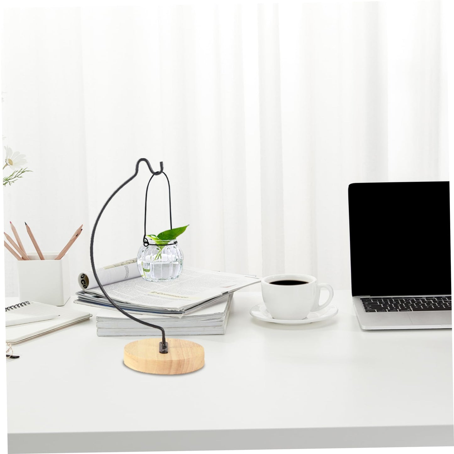 Ngbbby Ornament Display Stand, Iron Hanger Air Plant Holder with Wood Base Terrariums Hanging Plant Stand Pot Hook Decoration Rack for Glass Globe Air Flower Pot, Style 1, Hanging
