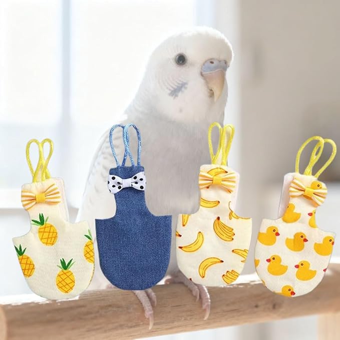 4pcs Bird Diaper Cute Printed Parrots Flight Suit with Bowknot Parrot Nappy Reusable Pigeon Pants Cockatiel Clothes for Parakeet Mini Macaw Budgie Canary - M