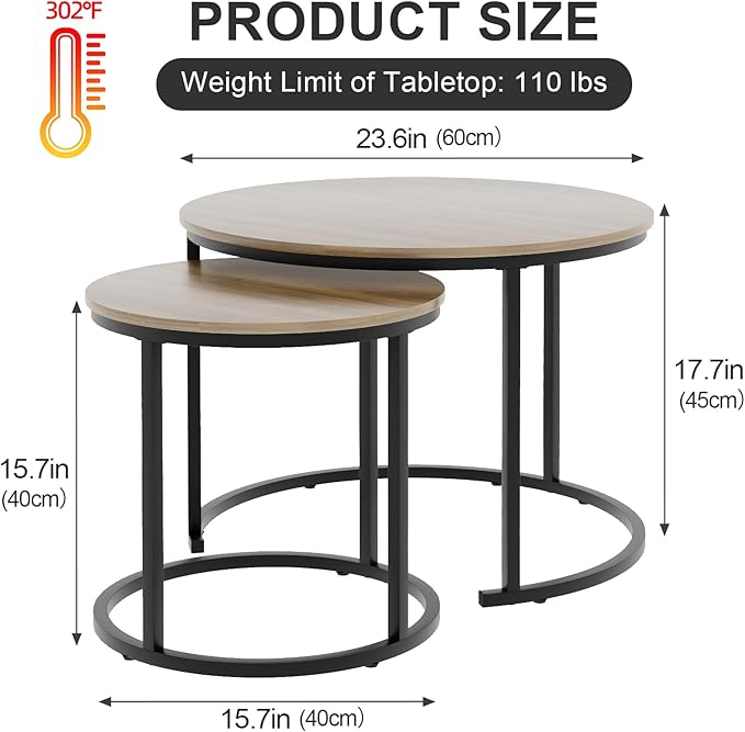 Garden 4 you Nesting Coffee Table, 23.6" Round Coffee Table Set of 2, Wooden