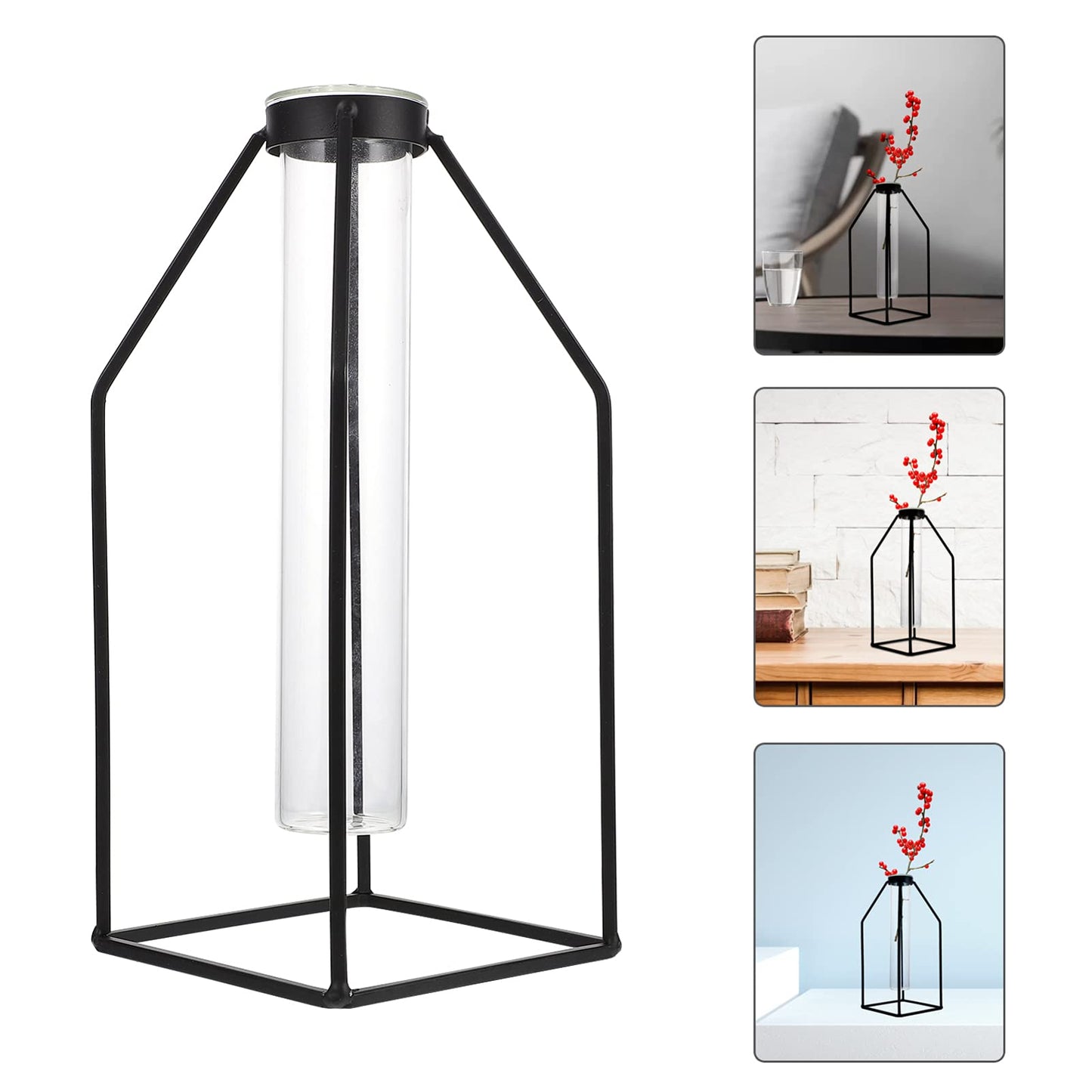 ULTNICE Hydroponic Glass Vase with Wrought Iron Frame 9.44X3.93X3.54In Office Plant Decor Modern Minimalist Planter Terrarium Container