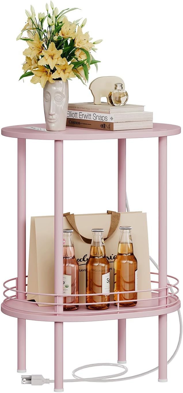 DGSANDGO Pink Side Table with Charging Station, Side Tables Living Room