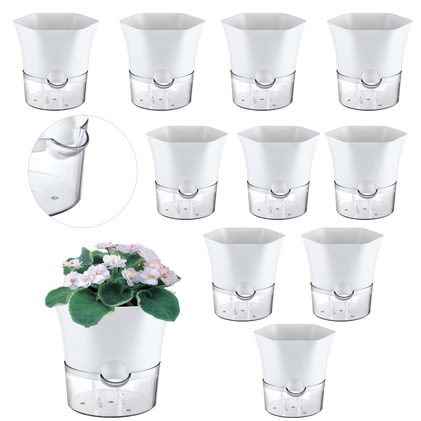 10-Pack 4.33" Clear Self Watering Pots for Indoor Plants Large Hexagon Self-Watering Planters Orchid Pots Plastic Wick Flower Plant Pots for African Violet, Spider, Herbs, Home Decor, White and Clear