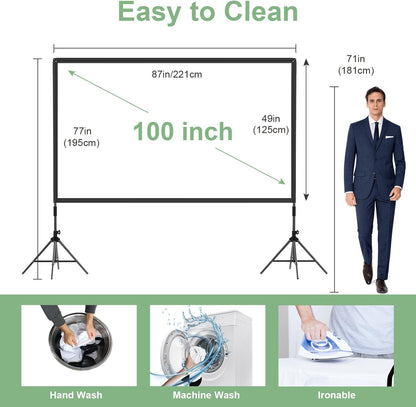 Projector Screen and Stand 100 inch,DUYIKJ Portable Black Backing Projector Screen Indoor Outdoor 16:9 4K HD Wrinkle-Free and Four-Legged Frame Movie Screen with Carry Bag for Backyard Movie Night