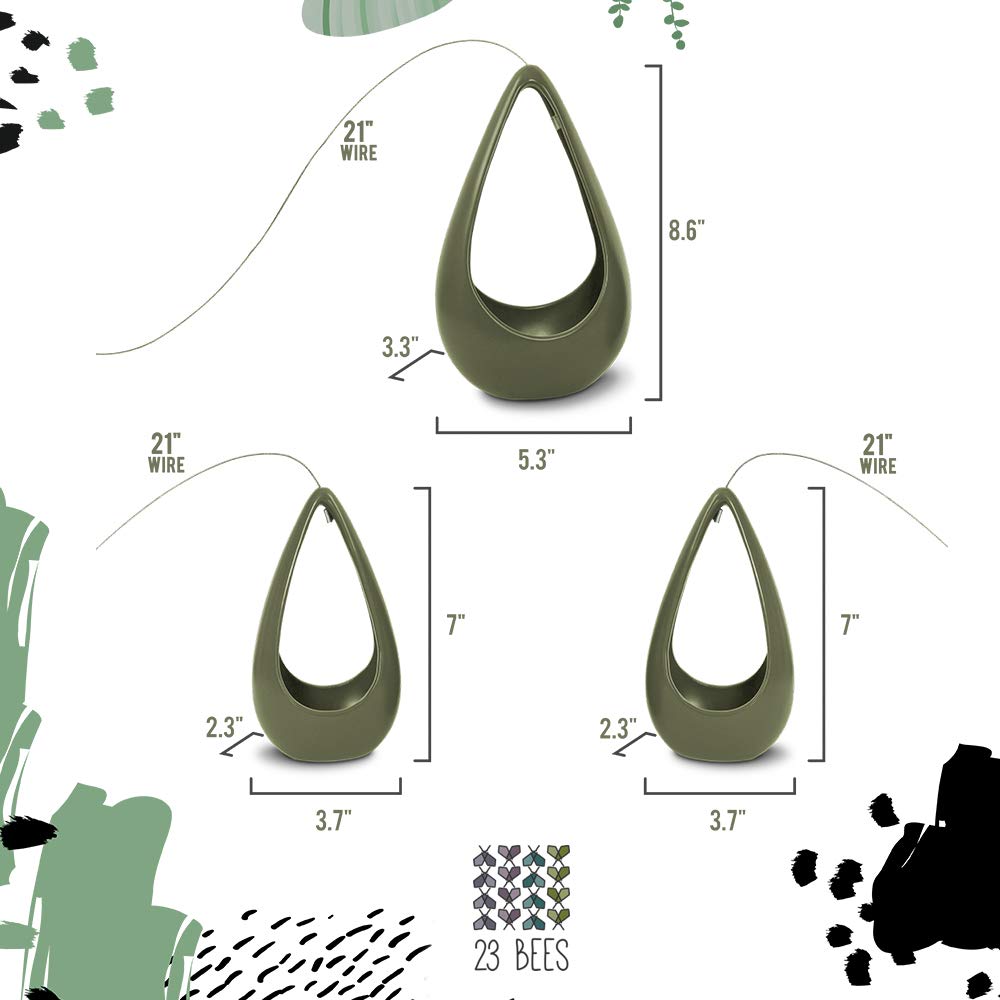 23 Bees, Hanging Air Plant Holder, Green Hanger Ceramic Planter, Small Floating Succulent Pots Container, Cactus Holders with Metal Wire, 3 Pack (3 Pack x Green)