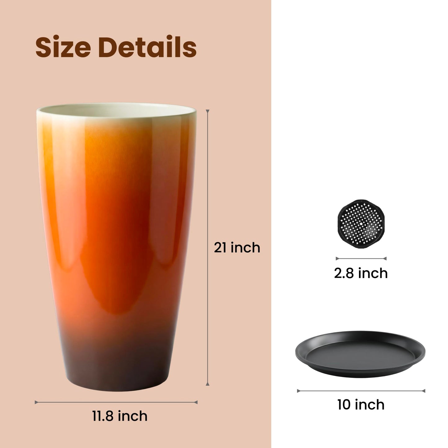 Lucieblessdesign 21 inch Tall Planters for Outdoor & Indoor Plants, Set of 2 Large Outdoor Planters for Porch, Tall Planter (Orange)