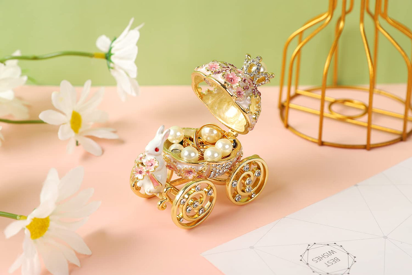 FASSLINO Bunny Pumpkin Carriage with Flowers Jewelry Trinket Box Hinged Hand-Painted Enamel Ornaments Gift for Home Decor (Pink)