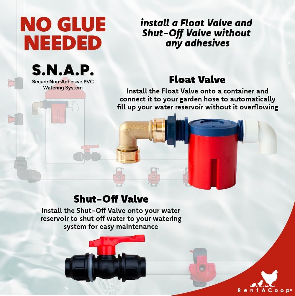 RentACoop Glueless Shut-Off Valve Kit Compatible with S.N.A.P PVC Watering System for 1/2" Schedule 40 PVC Pipe - Great for Chickens, Poultry, and Other Animals
