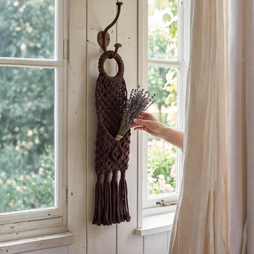 Macravine 2-Pack Boho Phone Hanger on wall, Macrame Remote Control Hanging, Chic Home Decoration Crochet Hanging Organizer, Boho Key Holder 18"X3.5"(Brown+Beige)