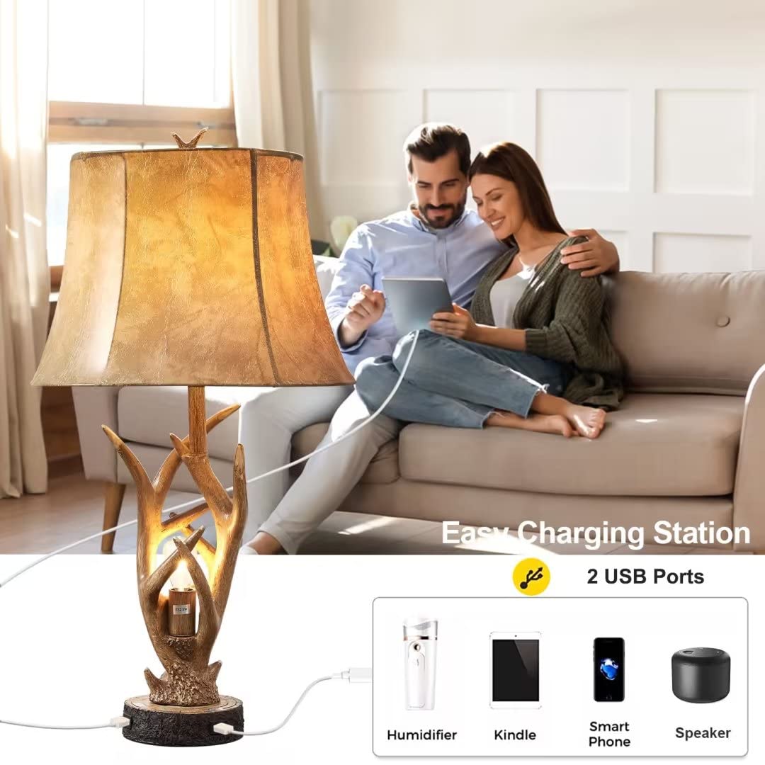 Dungoo Rustic Western Deer Table Lamps with Nightlight Set of 2, 26" Rustic Bedside Lamps for Bedroom with 2 USB Ports, Natural Antler Table Lamp for Christmas Living Room Foyer Office