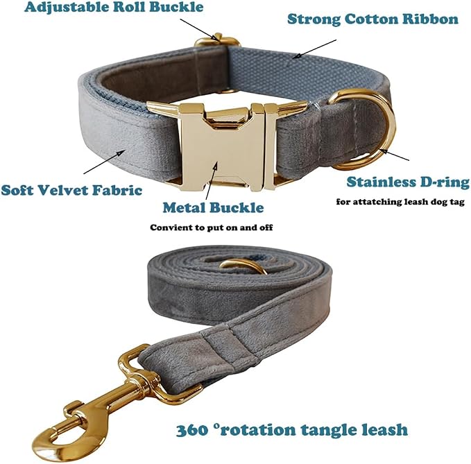 Love Dream Velvet Dog Collar and Leash Set, Soft & Comfy Adjustable Dog Leash and Collar with Heavy Duty Metal Buckle for Small Medium Large Dogs Training & Walking (Small, Grey)