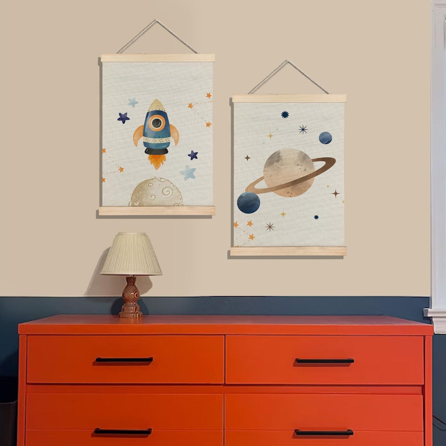 BearCake Space Nursery Decor, Solar System Rocket Wall Art Poster Hanger Frame, Space Canvas Prints Framed Wall Decor for Classroom Toddler Boys Room Nursery Playroom, 12x16 Inch Set of 2