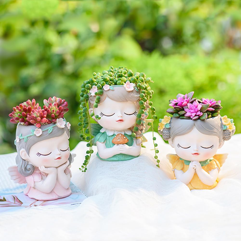 Argofox Small Angel Girl face Succulent Plant Pot 2 Pack with Drainage Hole Indoor Unique Cute Flower Vases Decor with Girl Face Planter Chic Gardening Lover Gifts Idea