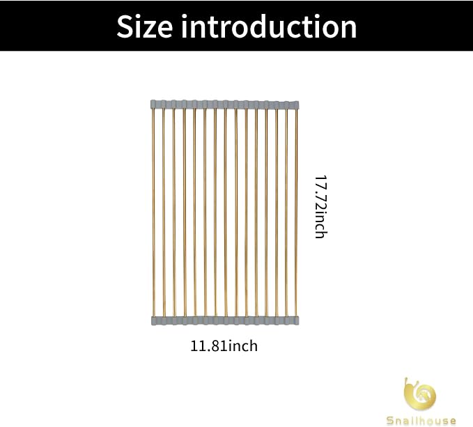 Snailhouse Roll Up Dish Drying Rack, Stainless Steel Dish Drainer Over The Sink with Anti-Slip Silicone for Kitchen Counter, Gold (17.8 x 11.8 in) | Stainless Steel Dish Drainer Over the Sink with Anti-Slip Silicone