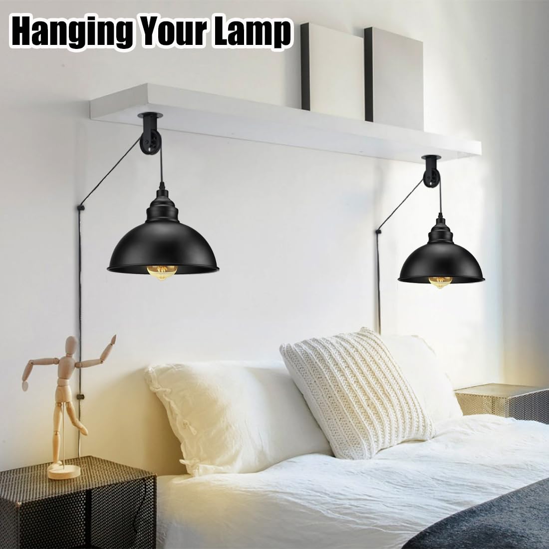 Pulley Wheel for Plug in Pendant Light, Wall Ceiling Mount Pulley for Hanging Lamp, 1 Pack Pulley Wheel and 4 Pack Swag Hooks for Hanging Electric Wire Cable Cord Chandelier Plant Grow Lights (Black)