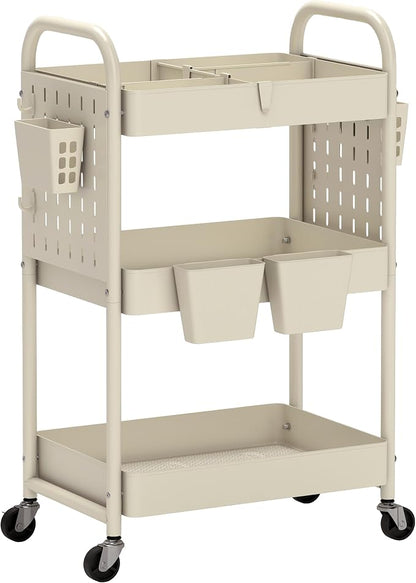 danpinera 3 Tier Rolling Cart with Retractable Dividers, Multi-Functional White Rolling Utility Cart with Pegboards, Hooks & Hanging Cups for Nursery, Living Room, Studio