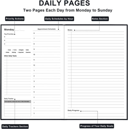 Daily & Monthly Planner for 2025 2026 or Anytime - ADHD Planner Two Pages Per Day, Daily Planner Undated to Increase Focus, Eliminate Overwhelm, Achieve Your Biggest Goals, 5.8'' × 8.3'', Black