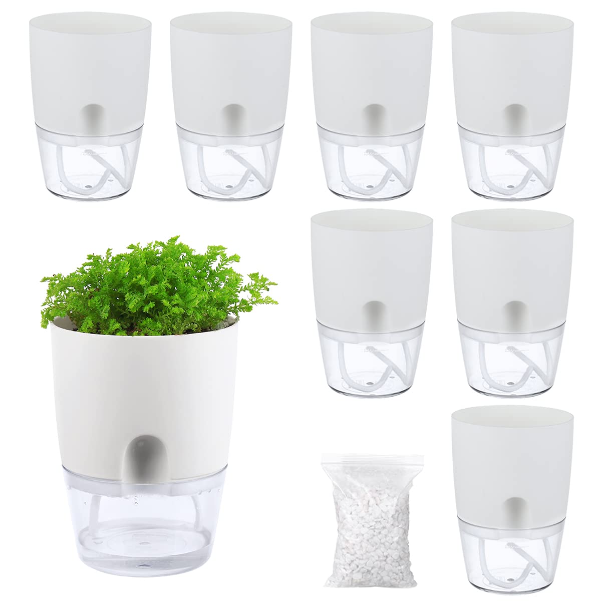 8 Pack Self Watering Pots for Indoor Plants, PlanterHoma 3.2 Inch Plant Pot Plastic Self Watering Planter for Orchid, African Violet, Mini Clear Flower Pots with Drainage Holes and Wicking Rope, White