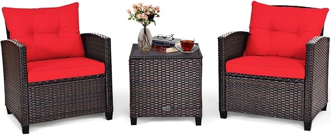COSTWAY 3PCS Patio Furniture Set, PE Rattan Wicker Sofa w/Washable Cushion and