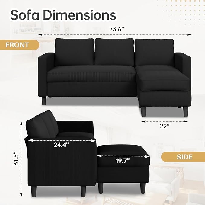 JAMFLY Sectional Sofa for Living Room, 3-Seat Reversible Couch