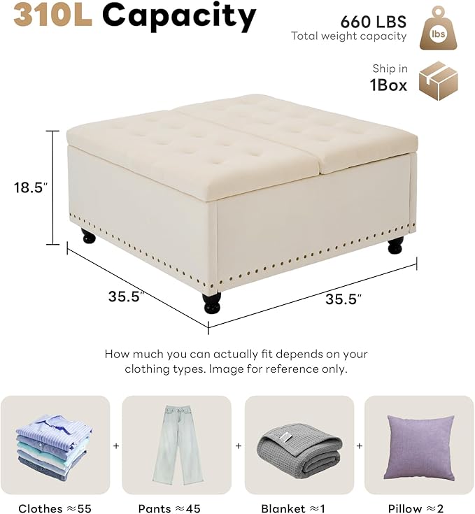 Tbfit Large Square Storage Ottoman Bench, Tufted Upholstered Coffee Table